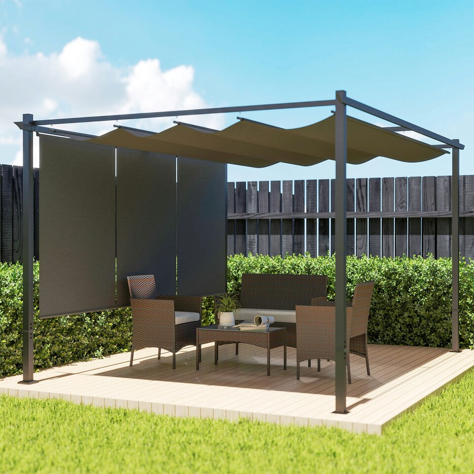 image 1 of Outsunny 3 x 4m Metal Pergola with Retractable Roof and Roller Shade, Grey