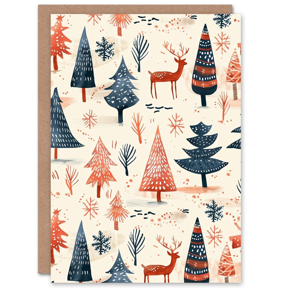 image 1 of Winter Forest Trees Reindeer Snow Folk Blank For Him Or Her Art Xmas Festive Christmas Card