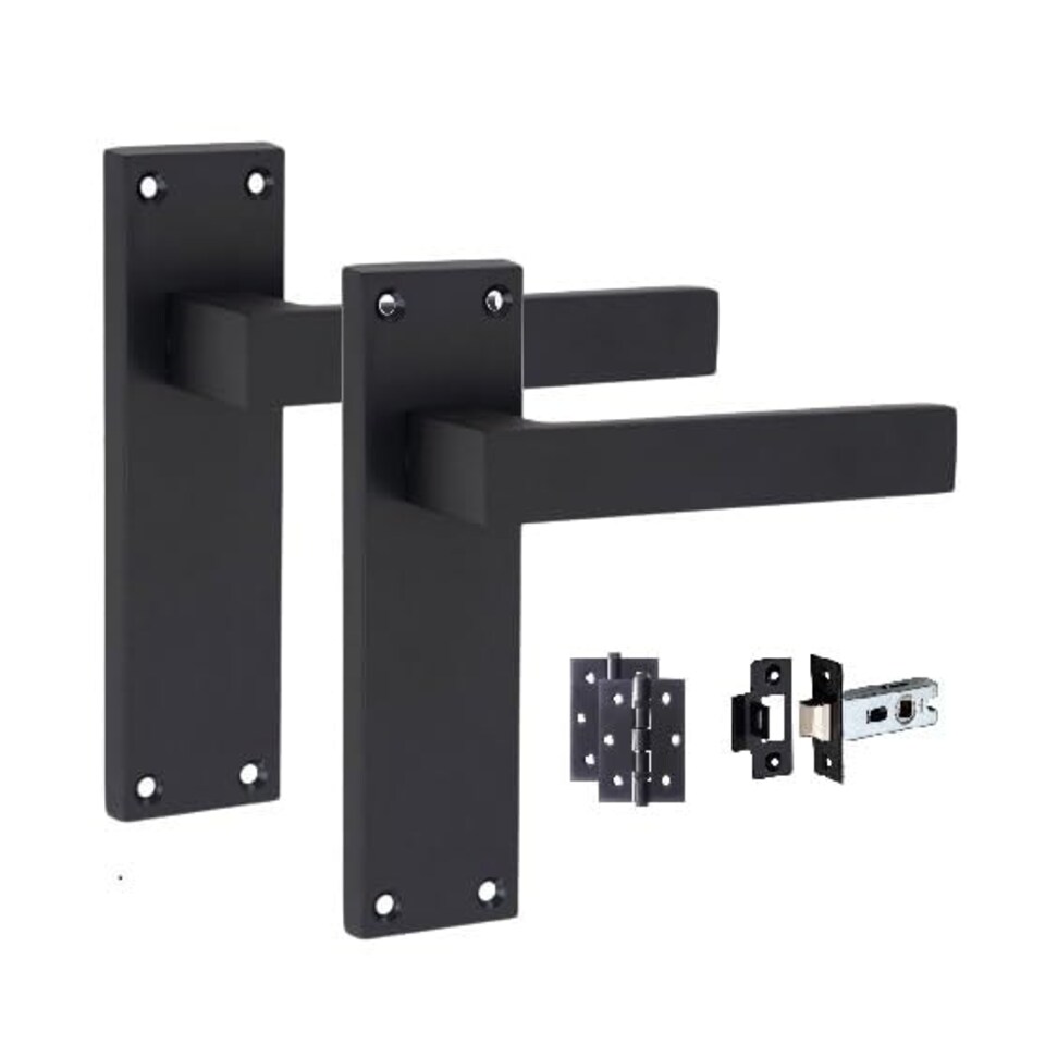 image 1 of Golden Grace 5 Sets Victorian Straight Delta Door Handles in Matt Black with 1 Pair of 3" Ball Bearing Hinges & Latches Pack - 150mm x 40mm Backplate Black