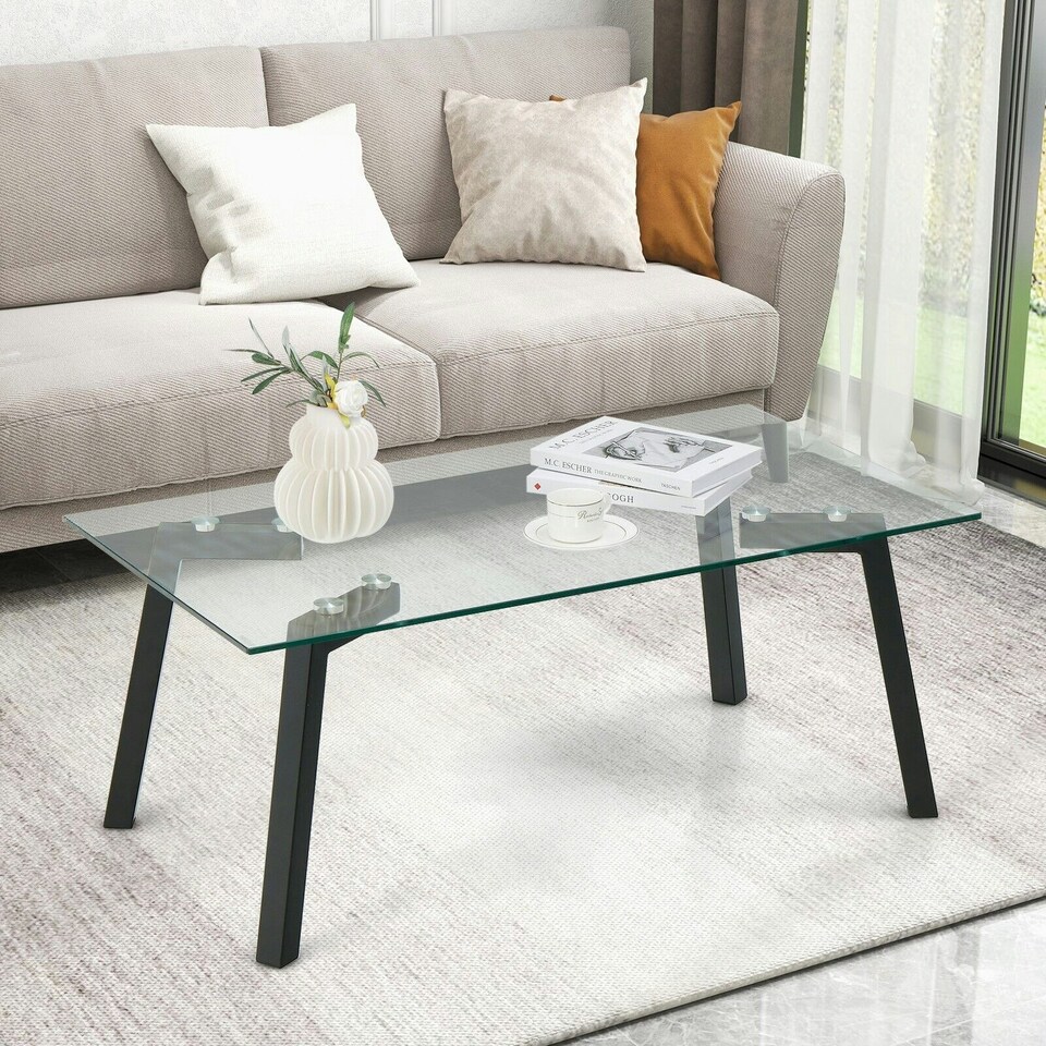 image 1 of COSTWAY Tempered Glass Coffee Table Rectangular Cocktail Table Black