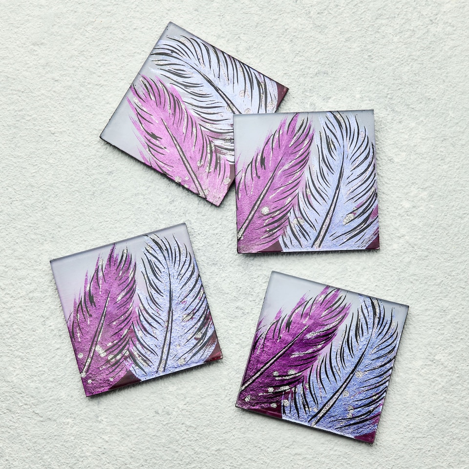 image 1 of Set of 4 Glass Coasters – Whispering Feather Violet (Handmade Fused Glass)