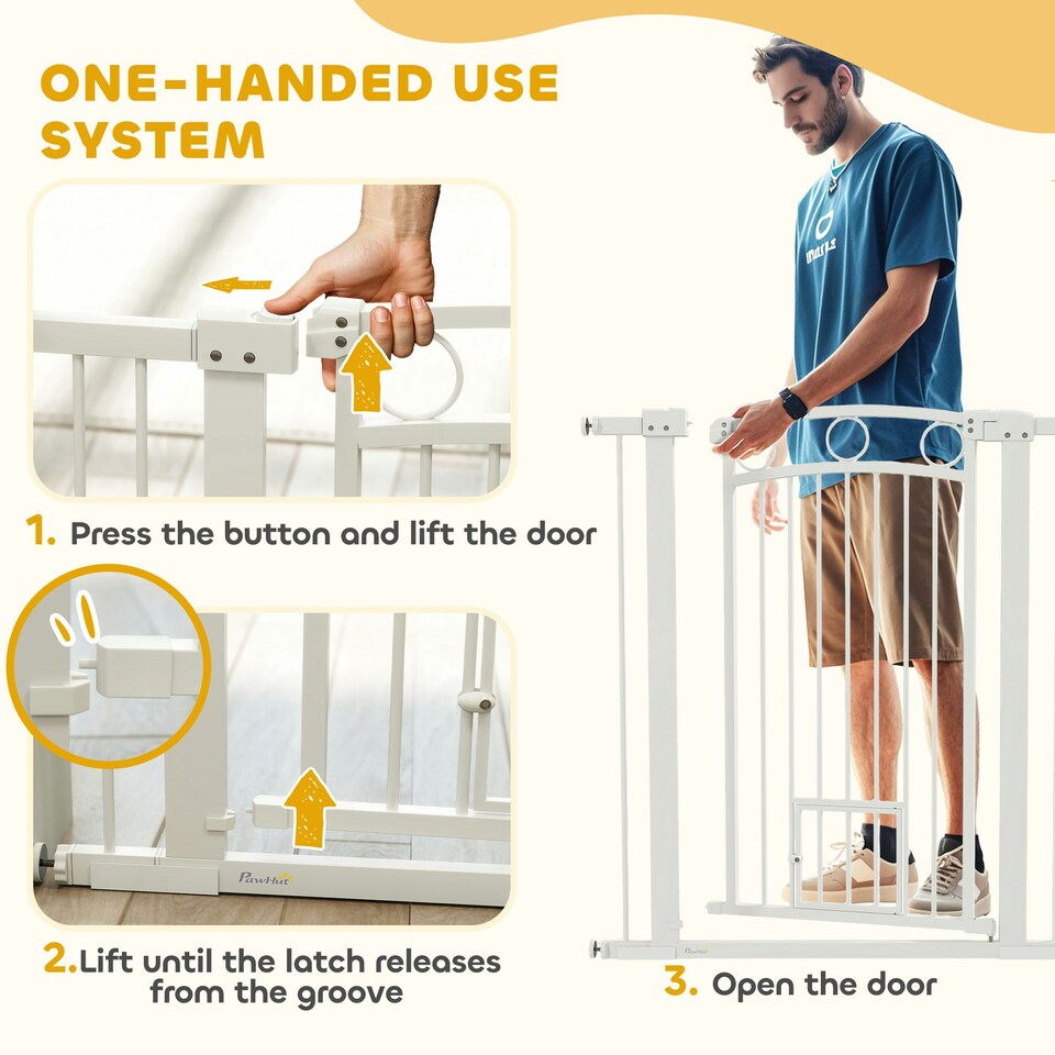 image 1 of PawHut Stair Gate with Cat Door, Adjustable Width, 76-104cm and 106cm Tall