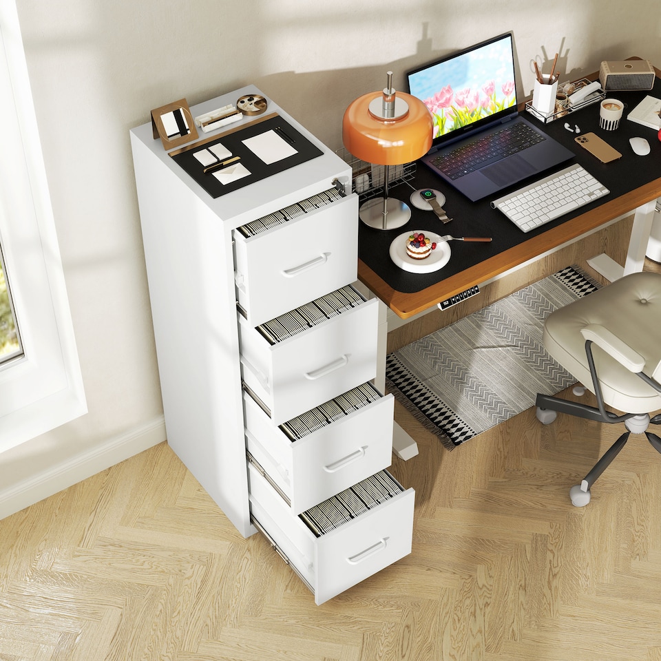 image 1 of HOMCOM 4 Drawer Filing Cabinet, Vertical File Cabinet with Adjustable Hanging Bar for A4 and Letter Size, Steel Printer Stand for Home Office, White | White | White