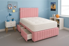 Pink Plush 4ft Small Double  Divan Bed Set Headboard & Footboard - 2 Drawers Left Side Laying in Bed