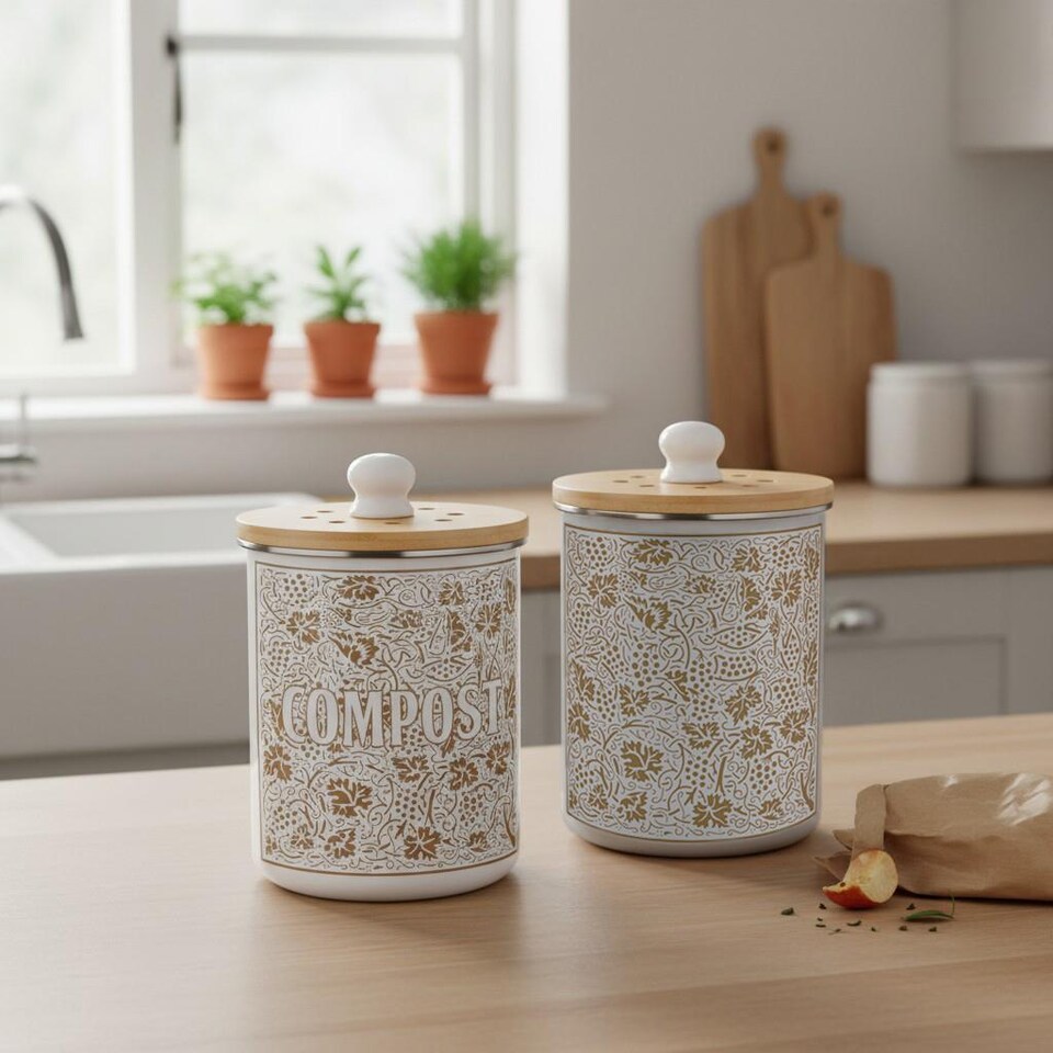 image 1 of Oak Leaves & Berries Food Waste Caddy - Metal 2L Golden Yellow Decorative Kitchen Compost Bin