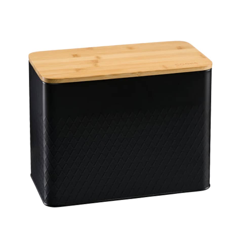 image 1 of Cooks Professional Diamond Pattern Bread Bin with Linen Bag & Bamboo Cutting Board Lid | Black | Black | 1