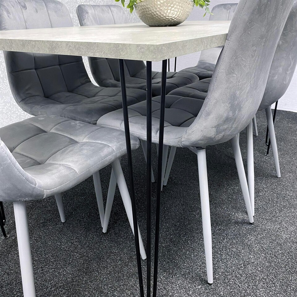 image 1 of Grey Dining Table with Hairpin Legs, Bench & 4 Grey Velvet Chairs Set for Kitchen & Dining Room Grey