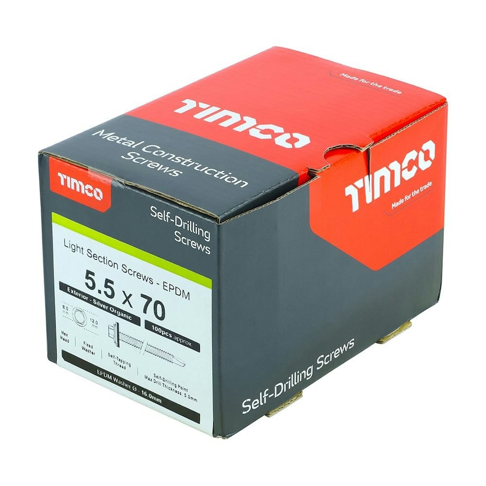 image 1 of Timco - Metal Construction Light Section Screws - Hex - EPDM Washer - Self-Drilling - Exterior - Silver Organic (Size 5.5 x 70 - 100 Pieces)