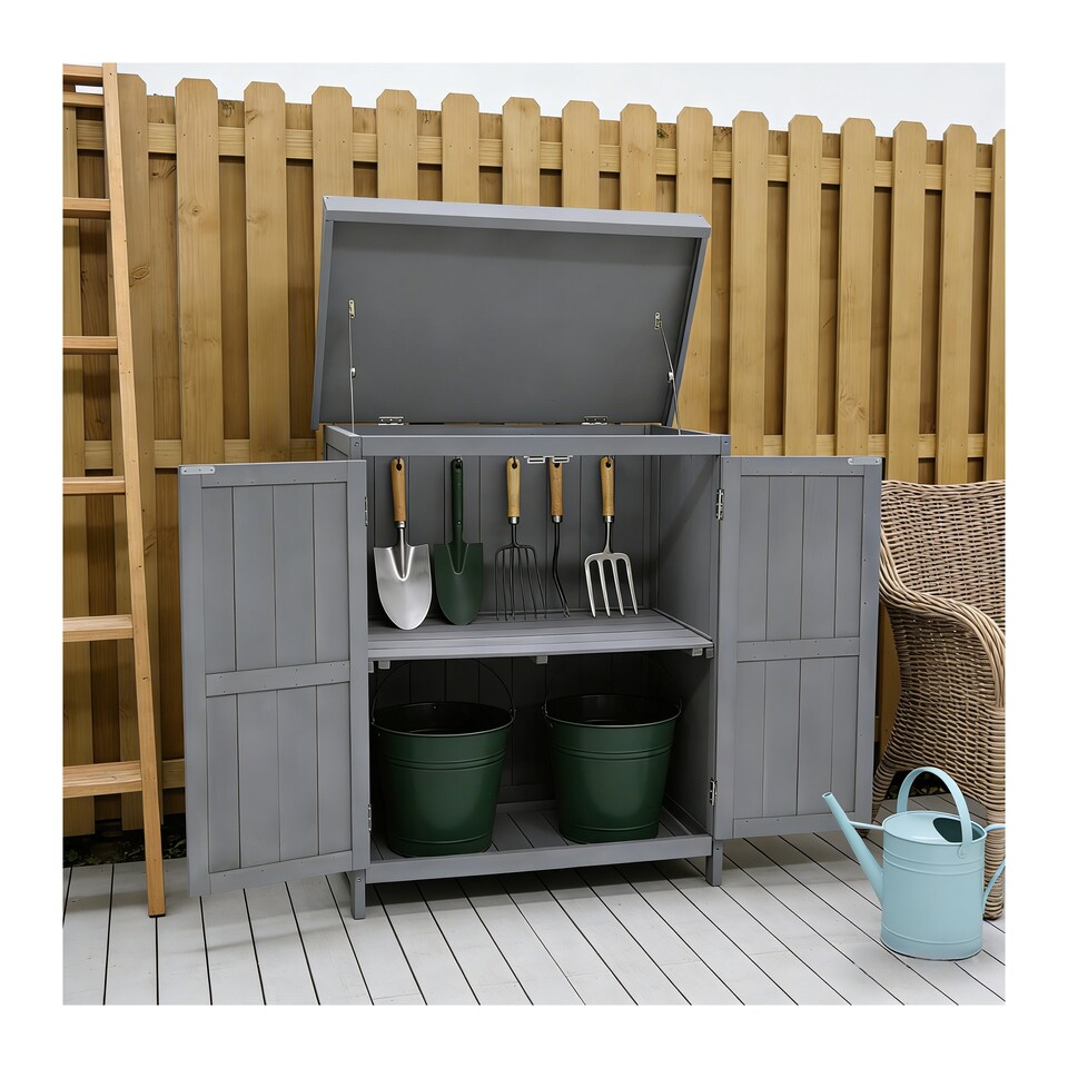 image 1 of Groundlevel Double Front Doors Wooden Garden Potting Shed With Internal Shelf | Grey | Grey
