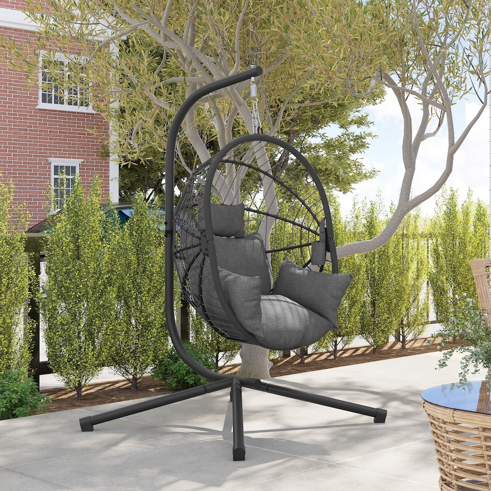 image 1 of Outsunny Outdoor Swing Chair with Thick Padded Cushion, Patio Hanging Chair with Metal Stand, Foldable Basket Egg Chair with Cup Holder, Rope Structure, for Indoor and Outdoor, Grey | Grey