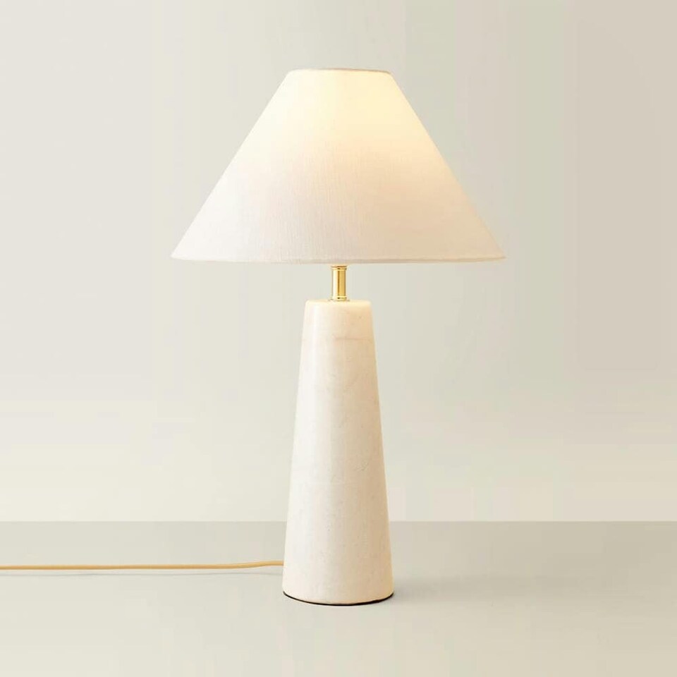 image 1 of ValueLights Margot White Marble Table Lamp with a Linen Tapered Shade | White
