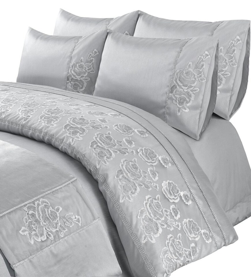 image 1 of Duvet Cover And Pillowcase Set Silver Or Pink Embroided Luxury Design Polyester Bed Linen Silver | Silver | Double