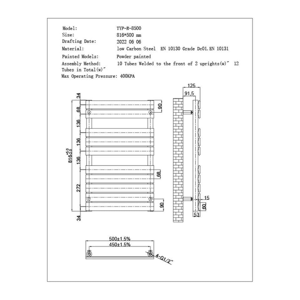 image 1 of Typhoon - Black Electric Towel Rail H816mm x W500mm 300w Thermostatic WIFI