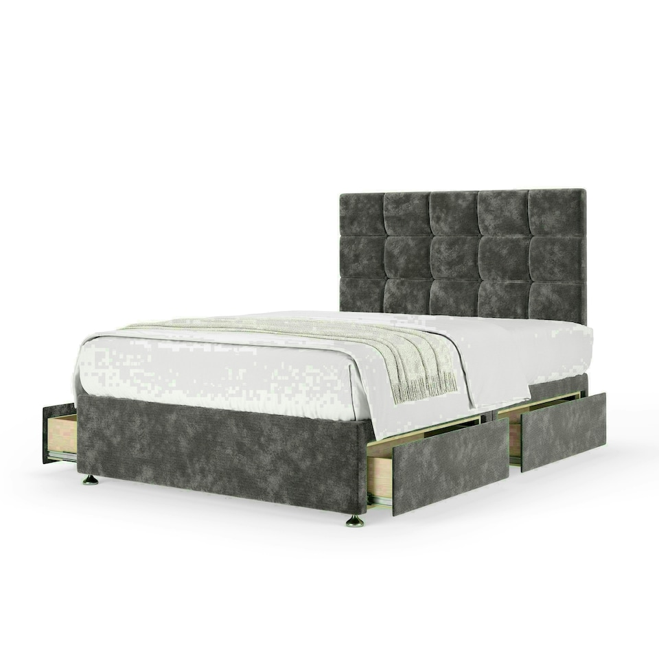 Charcoal Chenille 4 Drawer Divan Base and Pearl Headboard King Size