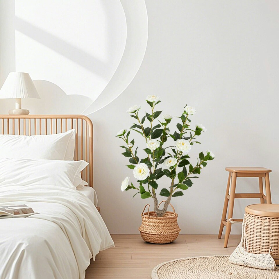 image 1 of COSTWAY 90CM Artificial Camellia Tree Faux Flower Plant White | One Size