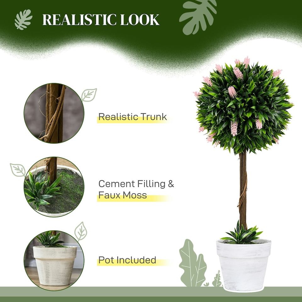 image 1 of HOMCOM Set of 2 Potted Artificial Plants Ball Tree with Flowers, Pink