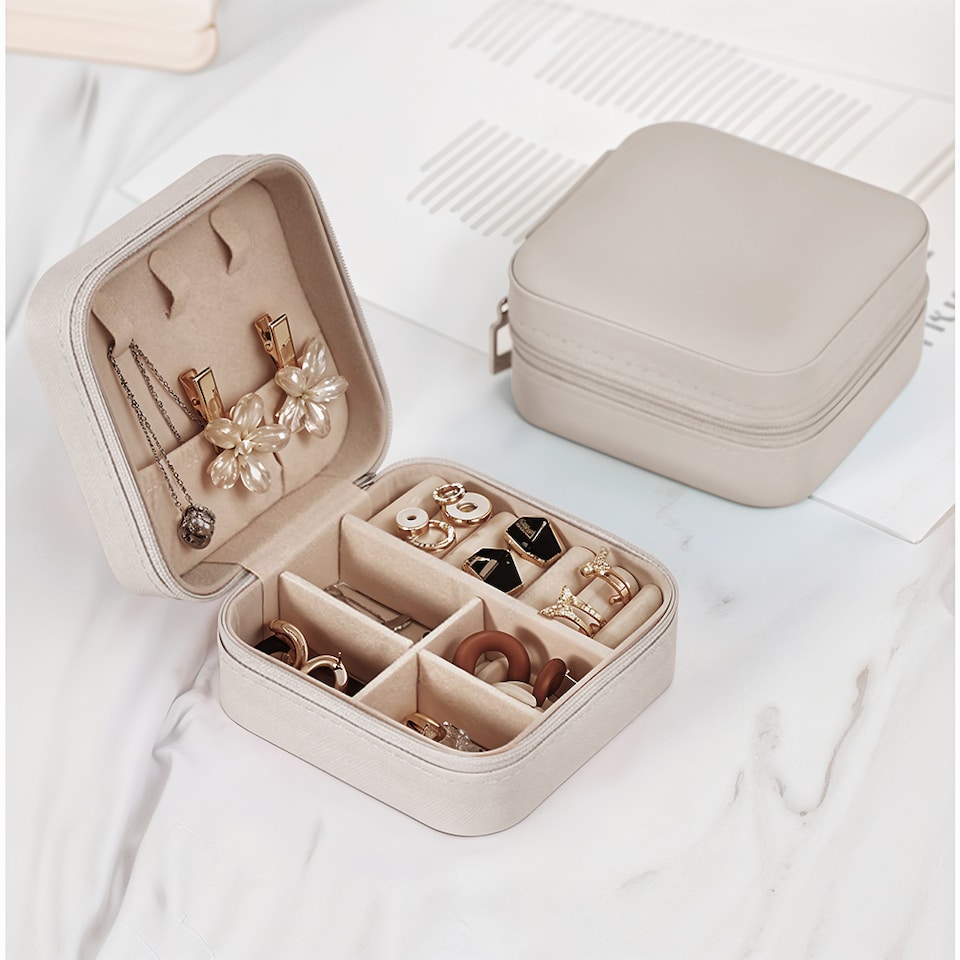 image 1 of Living and Home Portable Jewelry Organizer Box with Multiple Compartments-White | White