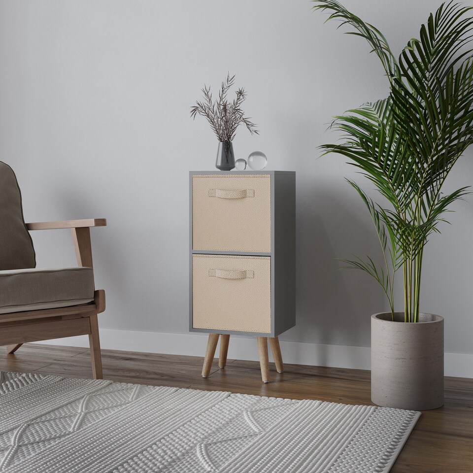 image 1 of Grey 2-Tier 2-Drawer Cube Shelving Unit with Scandinavian Legs | Cream | Beige & Beech | 1