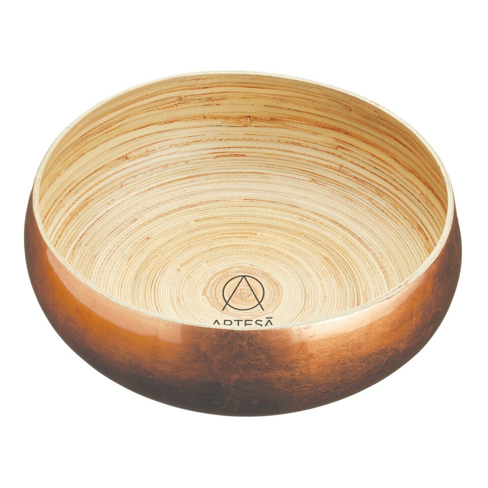 image 1 of 2pc Serving Set including Acacia Wood Baguette Board and 26cm Copper & Bamboo Serving Bowl Brown