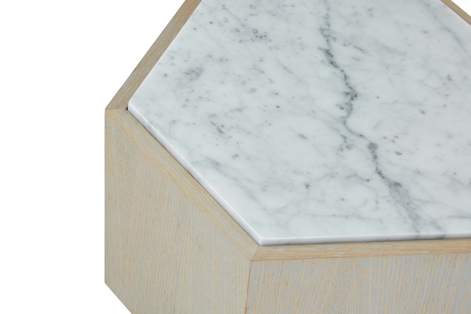 image 1 of Large White Side Table,Marble & Oak Constructed Bedside Table,Hexagonal Accent Table With Gold Finished Legs | Cream