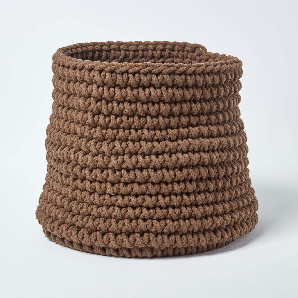 image 1 of Homescapes Chocolate Cotton Knitted Round Storage Basket - 42 x 37cm Brown | L