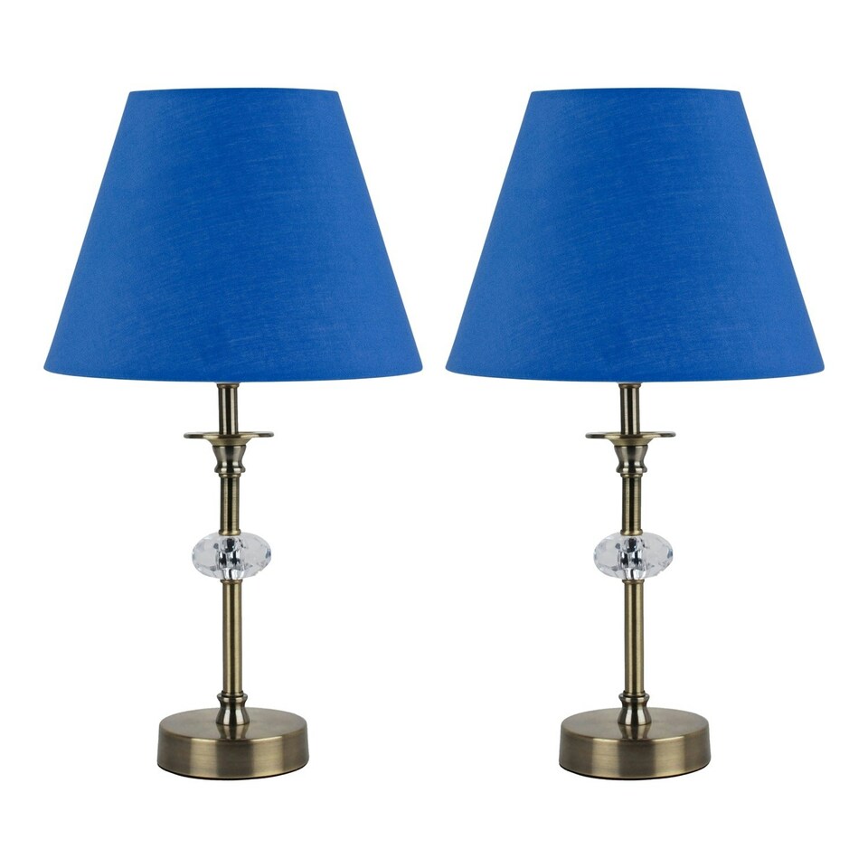 image 1 of Set of 2 Antique Brass Lamps with Facet Detail and Royal Blue Shades Bronze | Blue