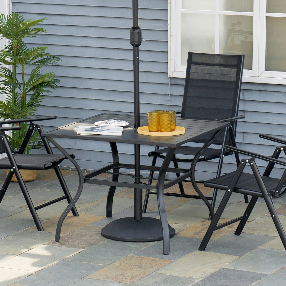 image 1 of Outsunny Garden Table with Parasol Hole for Four, Slatted Metal Plate
