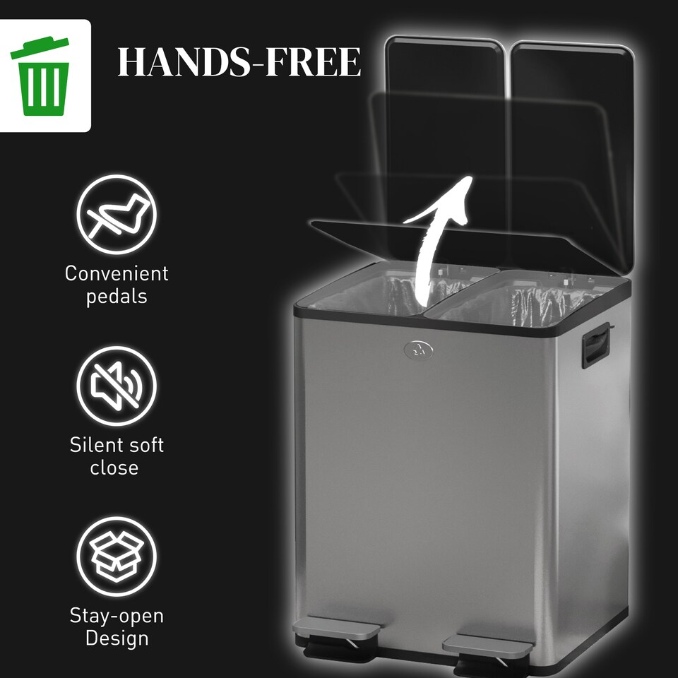 image 1 of HOMCOM Dual Kitchen Bin, 2 x 20L Stainless Steel Double Rubbish Bin with Soft Close Lid, Removable Inner Buckets, Fingerprint-Proof for Recycling and Waste, Silver Tone | Silver | 1