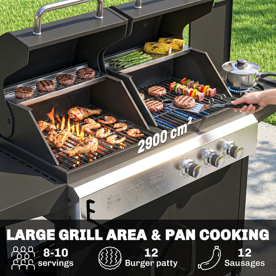 image 1 of Outsunny 3 Burner Hybrid Dual Fuel BBQ Gas Grill with Side Burner, Black | Black | Black | 148 x 60 x 110 cm