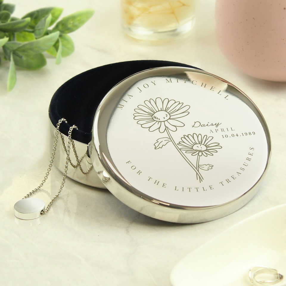 image 1 of Personalised April Birth Flower Round Trinket Box