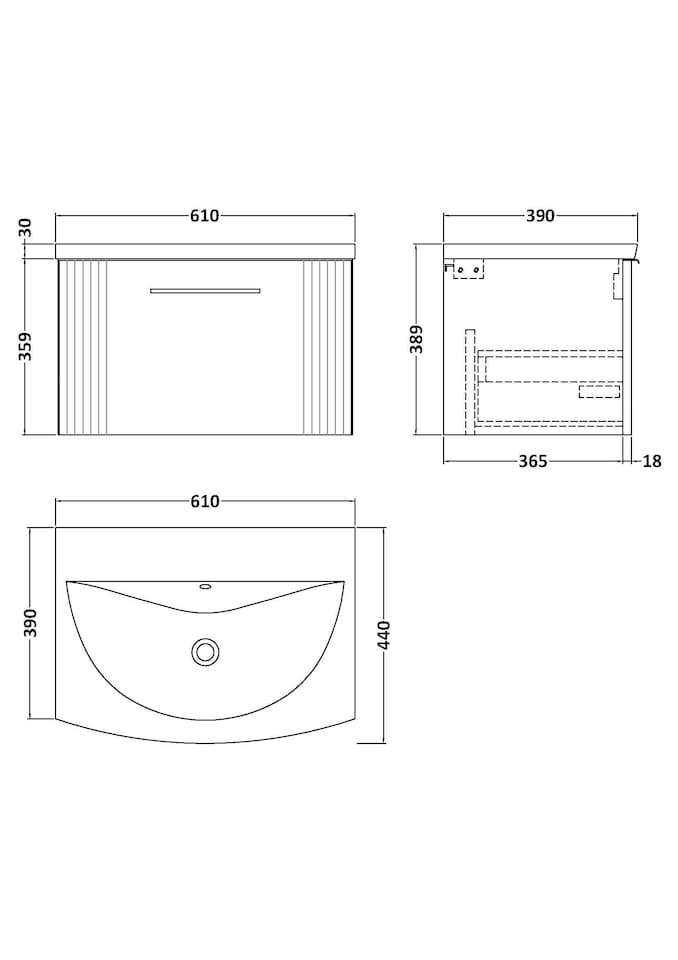 image 1 of Balterley Partial Fluted 1 Drawer Wall Hung Vanity Unit with Curved Ceramic Basin | Blue | Satin Blue