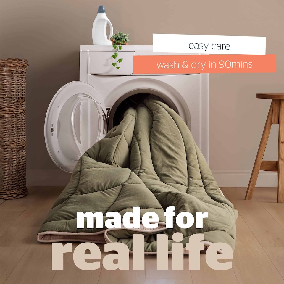 image 1 of Silentnight Coverless Duvet and Pillowcase Set, Washed Effect, Reversible - Green Natural | Green | Natural Reverse