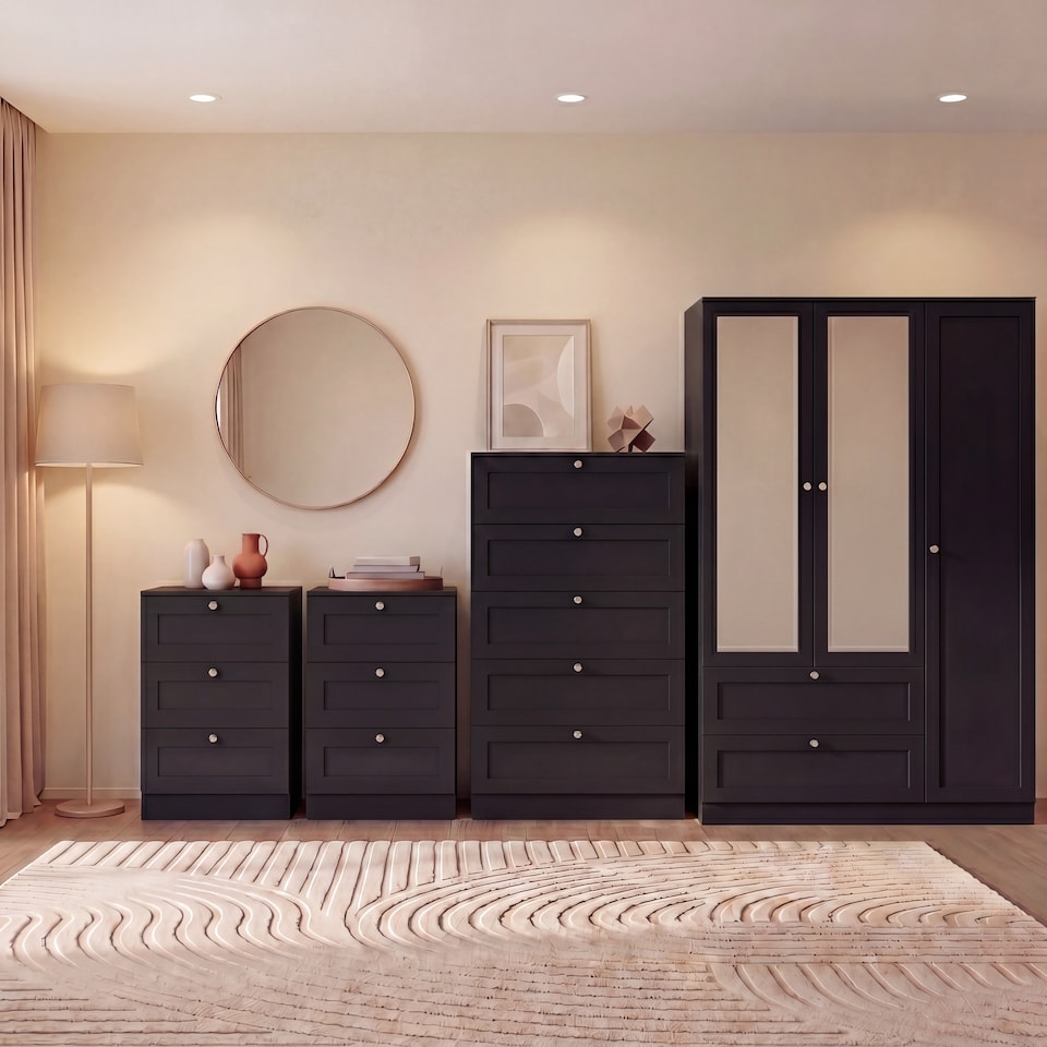 image 1 of Vida Designs Altino 4 Piece Bedroom Set (2x 3 Drawer Bedside, 5 Drawer Chest, 3 Door 2 Drawer Wardrobe), Black