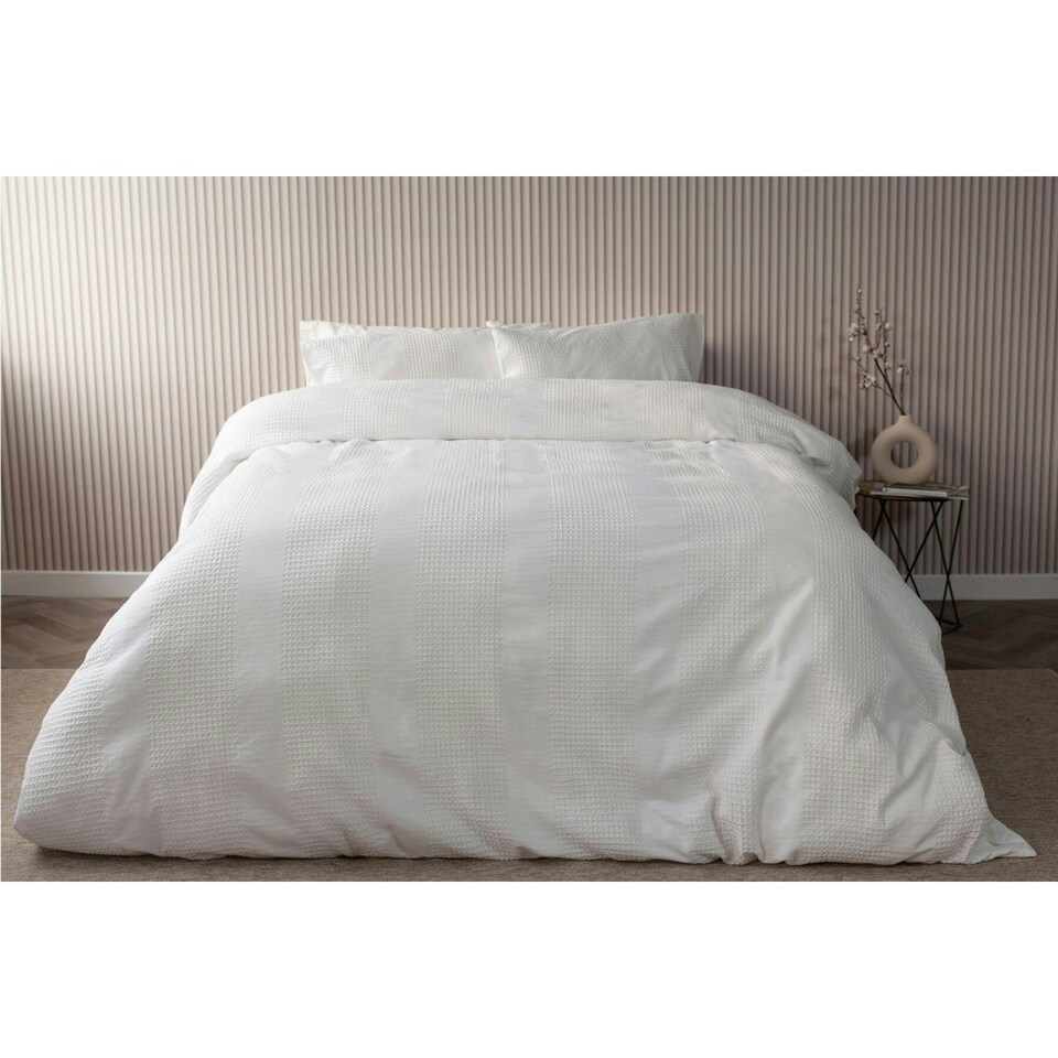 Belledorm Waffle Stripe Duvet Cover Set - Vanilla - Single White | Single