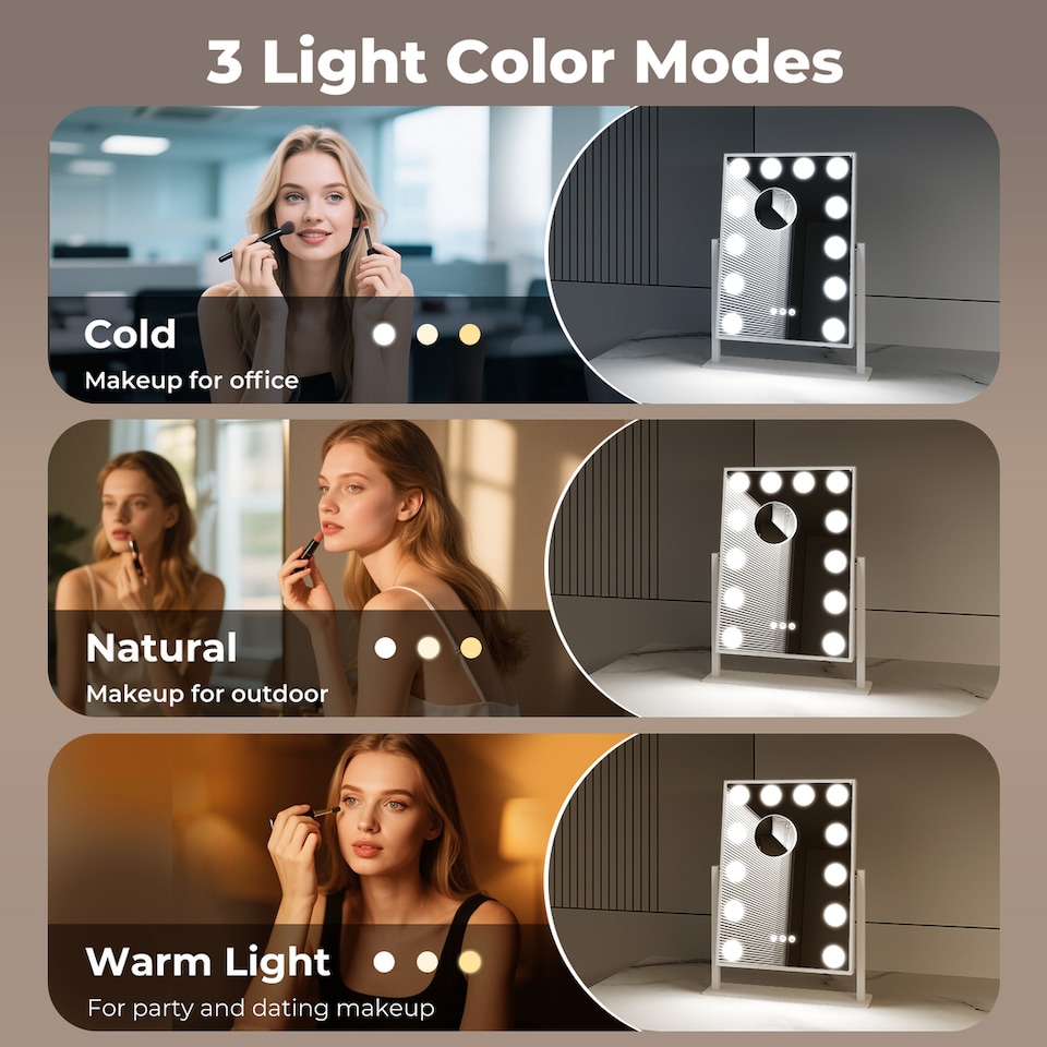 image 1 of Emitto LED Hollywood Makeup Vanity Mirror  Dimmable 3 Colour Lights 31x47cm