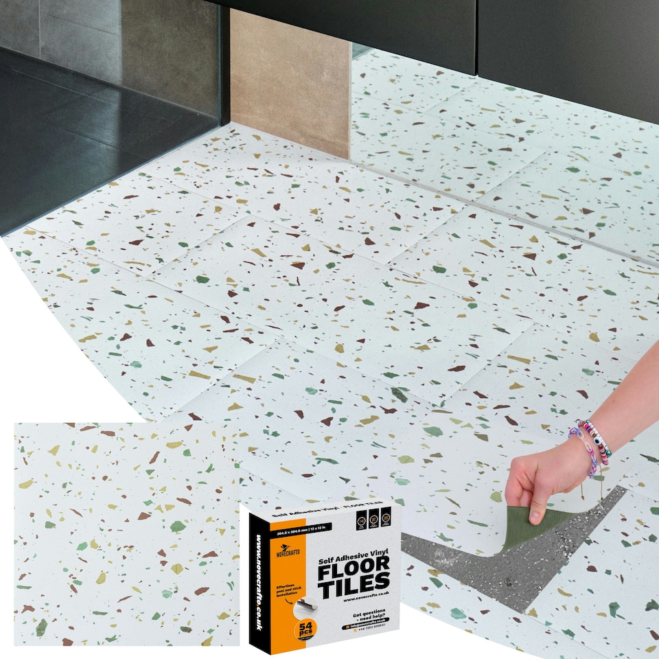 image 1 of NOVECRAFTO Vinyl Floor Tiles Self Adhesive – 18x18in Peel and Stick Large Square Flooring for Kitchen, Bathroom & Living Room – White Grey Terrazzo Effect White | 4.18 sqm