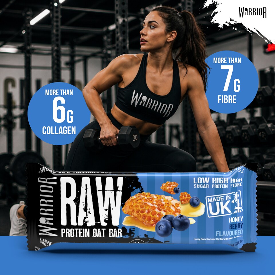 image 1 of Warrior RAW Protein Bars 12 x 75g – 20g High Protein Bar, Low Sugar High Fibre Oat Protein Flapjack – Protein Snacks, Meal Replacement Bars (Honey Berry)