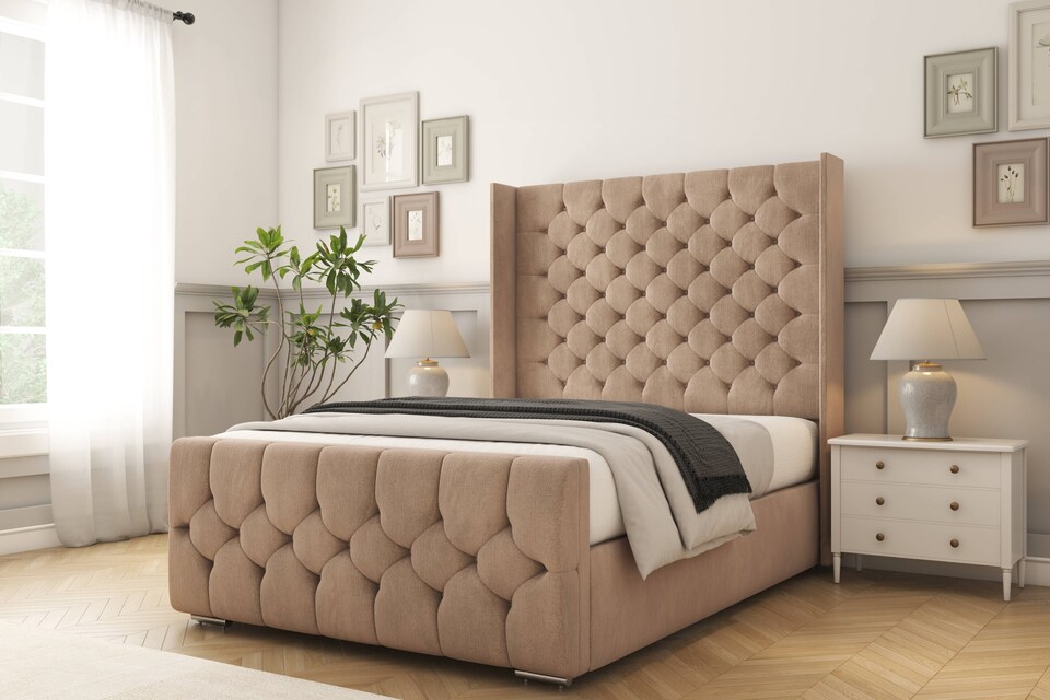 image 1 of Sloomy Luthor Mink Naples Bed Frame With Mattress With 50"  Upholstered Wingback Headboard 5' King