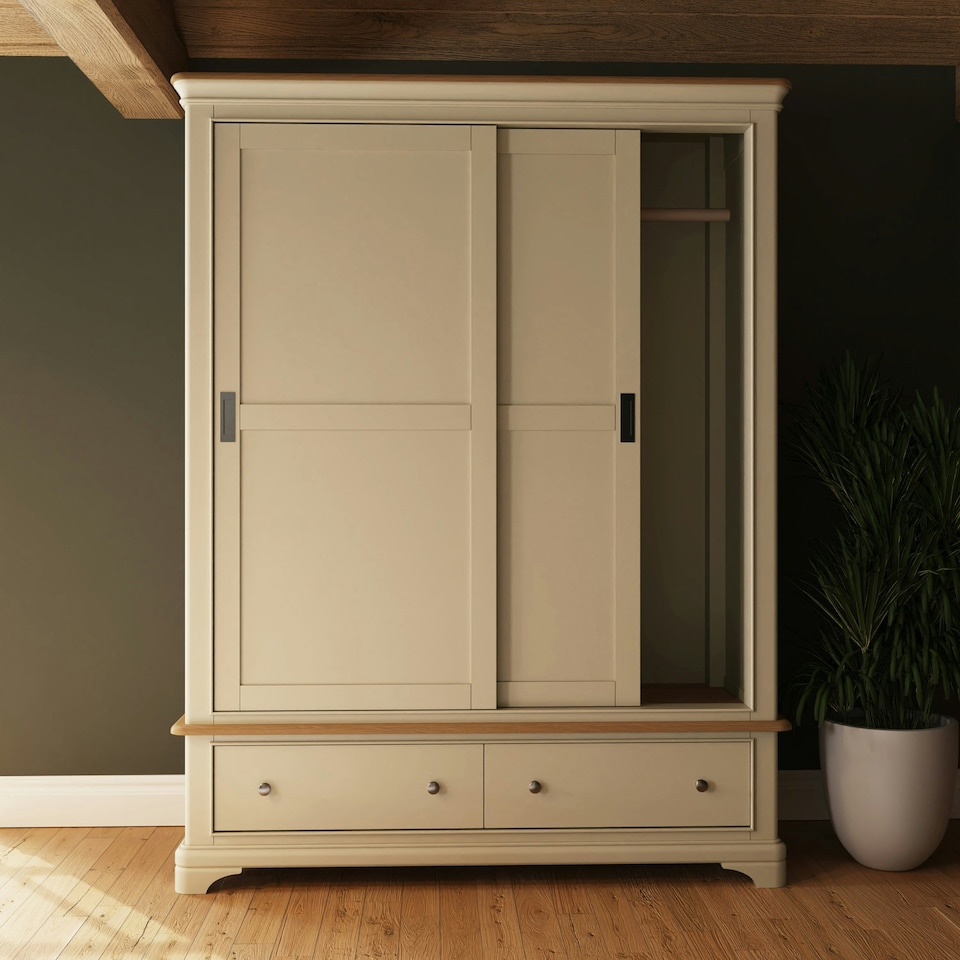 image 1 of Faire 150cm Sliding Combination Wardrobe in Putty with Oak Top Grey