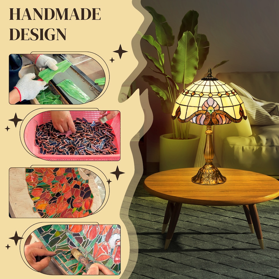 image 1 of HOMCOM Stained Glass Table Lamp, Handmade Antique Bedside Lamp, Decorative Night Light for Bedroom, Living room, Home, Nightstand