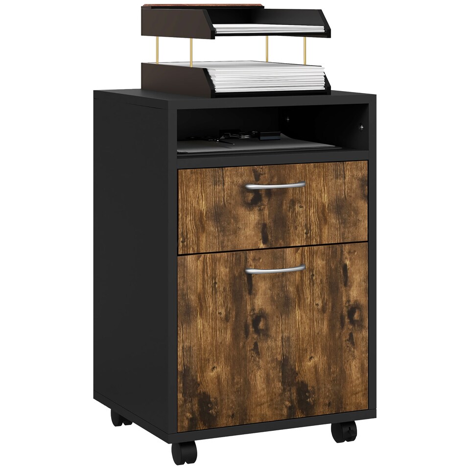 image 1 of HOMCOM 60cm Filing Cabinet with Drawer, Open Shelf, Metal Handles and 4 Wheels, Office Home Organiser Mobile Printer, Rustic Brown