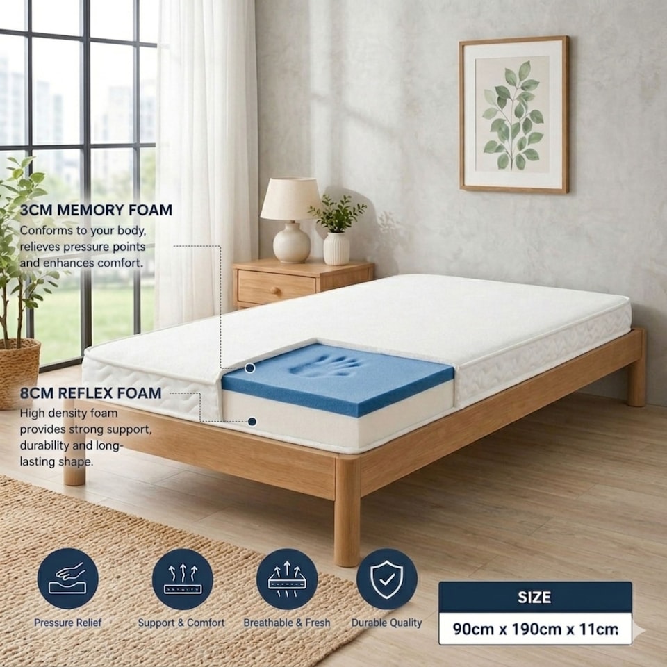 image 1 of Single Memory Foam Mattress with High Density Foam Base, Approx 4 Inch/11cm Thick, Medium Feel Mattress, Mattress In A Box