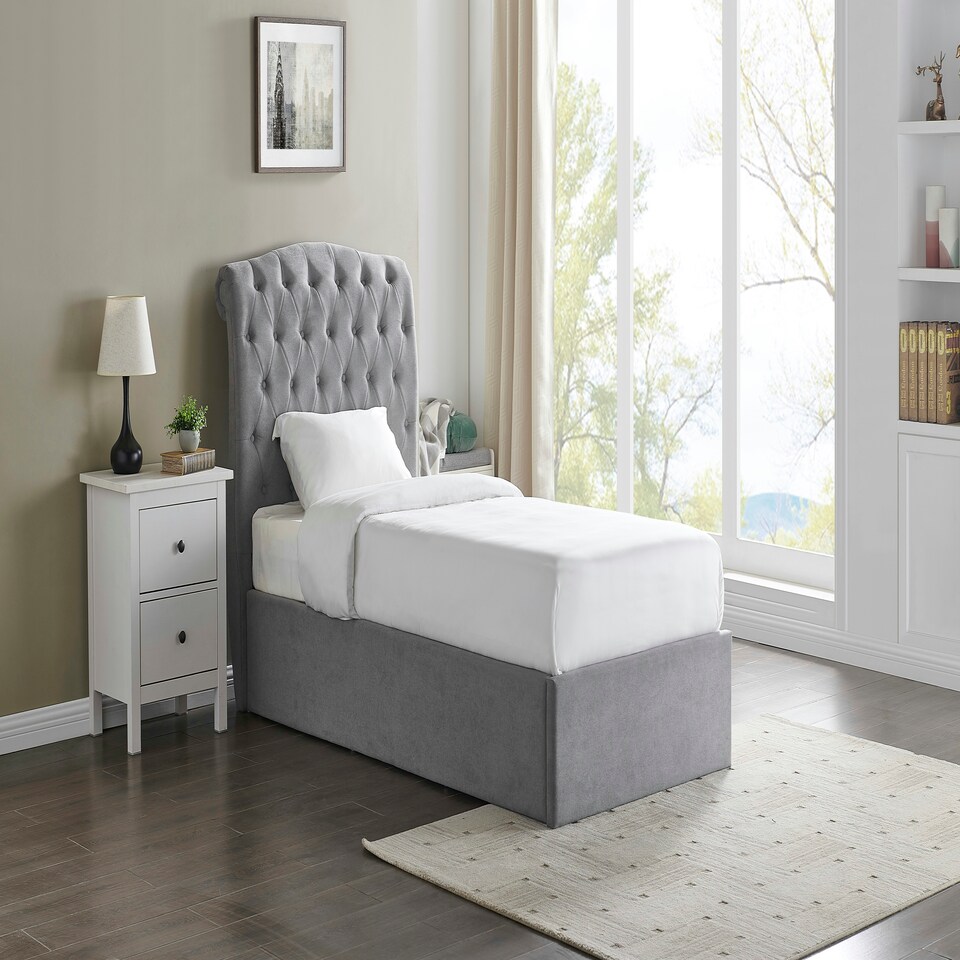 image 1 of 5ft King Size Ottoman gas liftup storage bed frame,fabric upholstered, light grey,buttoned back,curved bed frame,bedstead
