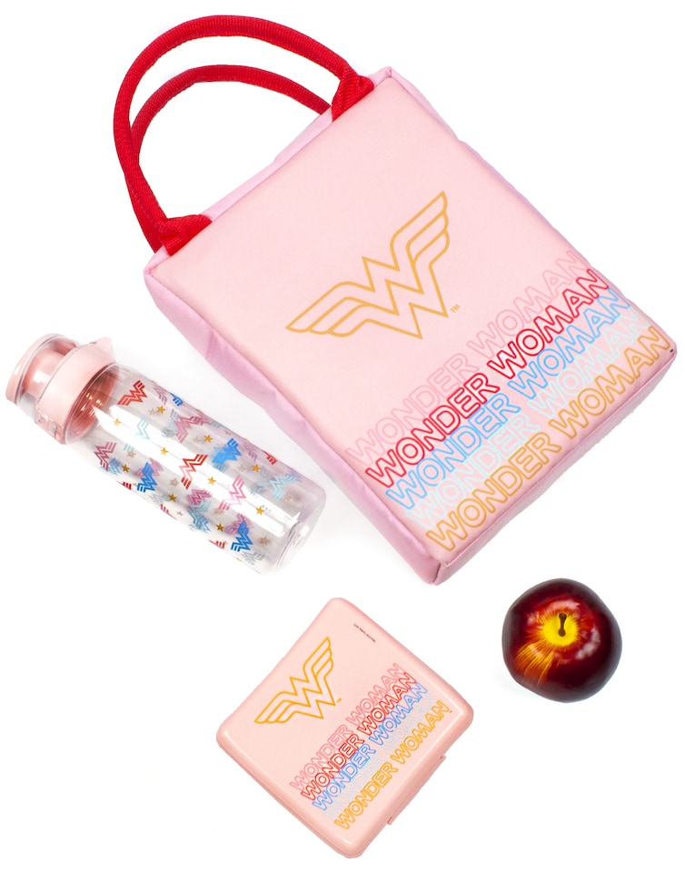 image 1 of DC Comics Wonder Woman Lunch Bag | Rectangular Tote Style 3 Piece Set with Water Bottle & Snack Container | Embrace Superhero Power | Pink Shield Design for Adults & Kids | Wonder Durable Material