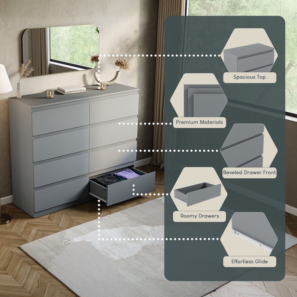 image 1 of Vida Designs Denver 8 Drawer Chest of Drawers Bedroom Storage, Grey