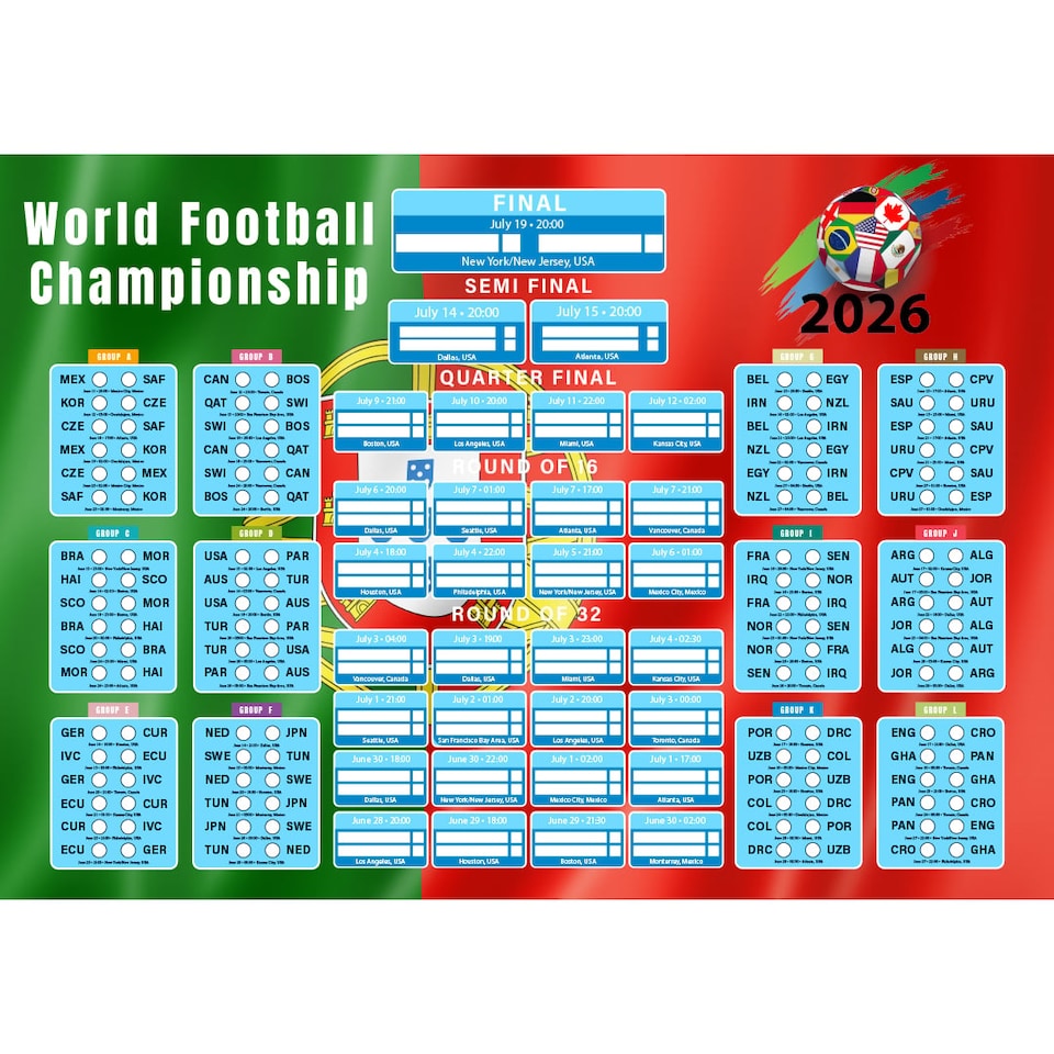 image 1 of Portugal Flag World Football Championship Cup 2026 A3 Fixture Wall Chart