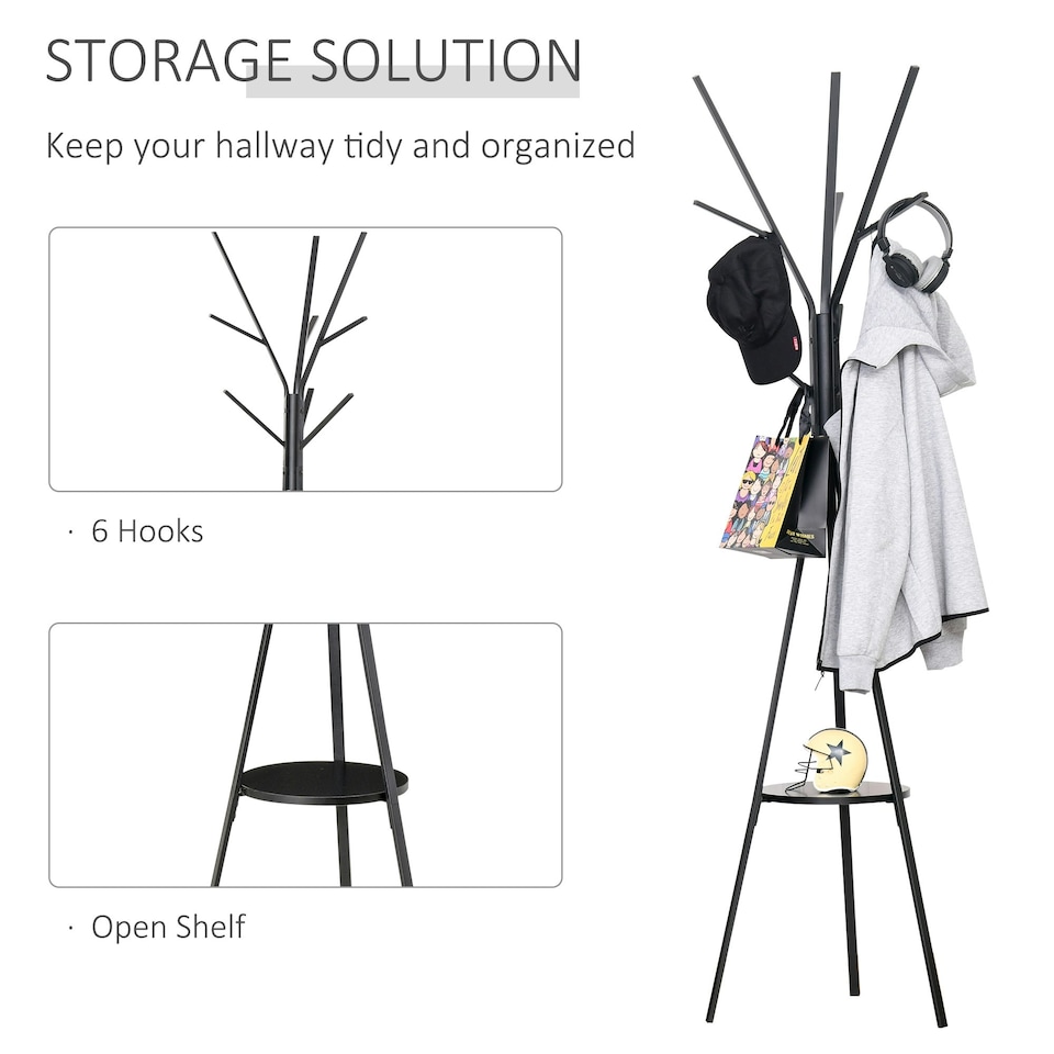 image 1 of HOMCOM 180cm Free Standing Coat Rack Metal Shelf Holder Stand Hat Hanger Black