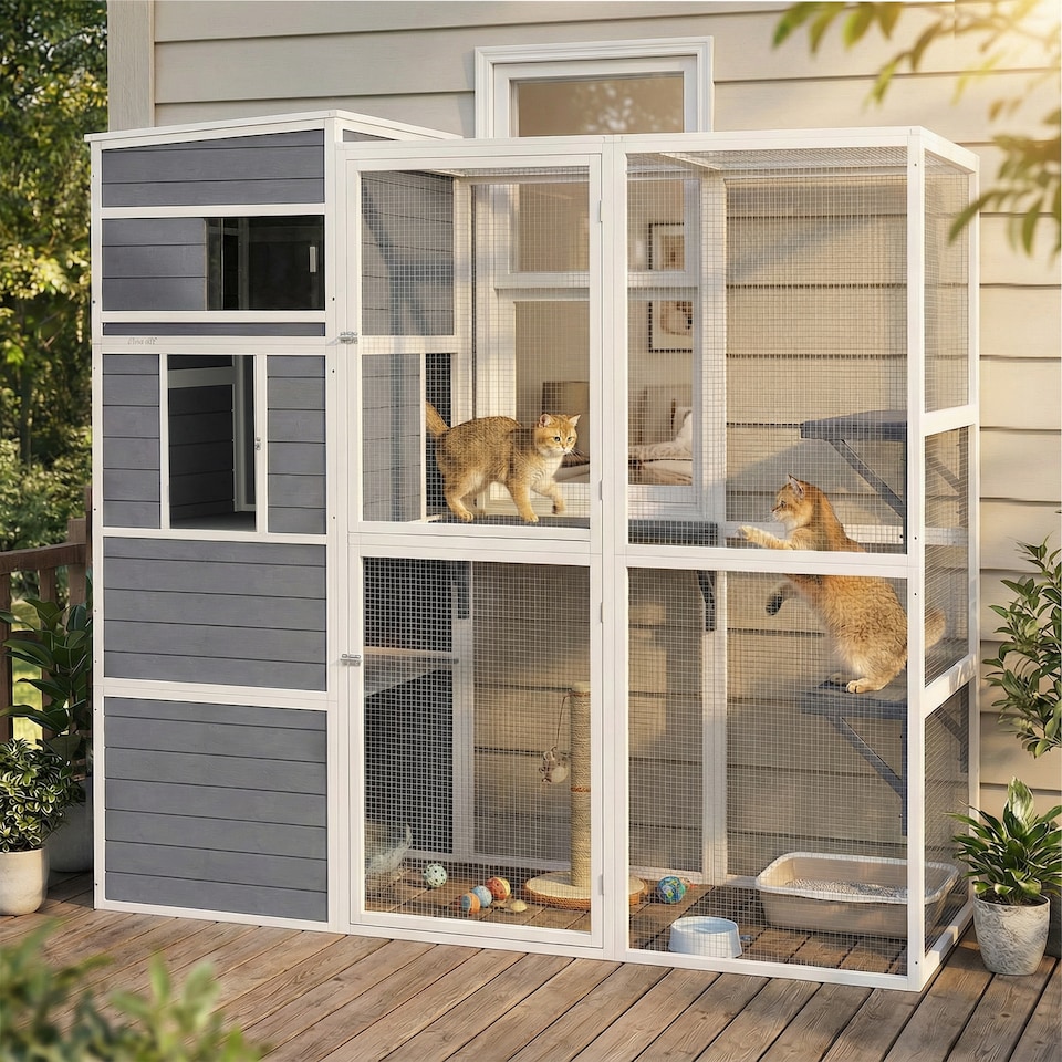 image 1 of PawHut Wooden Catio with Spacious Resting Rooms, 3 Platforms, Window, Grey