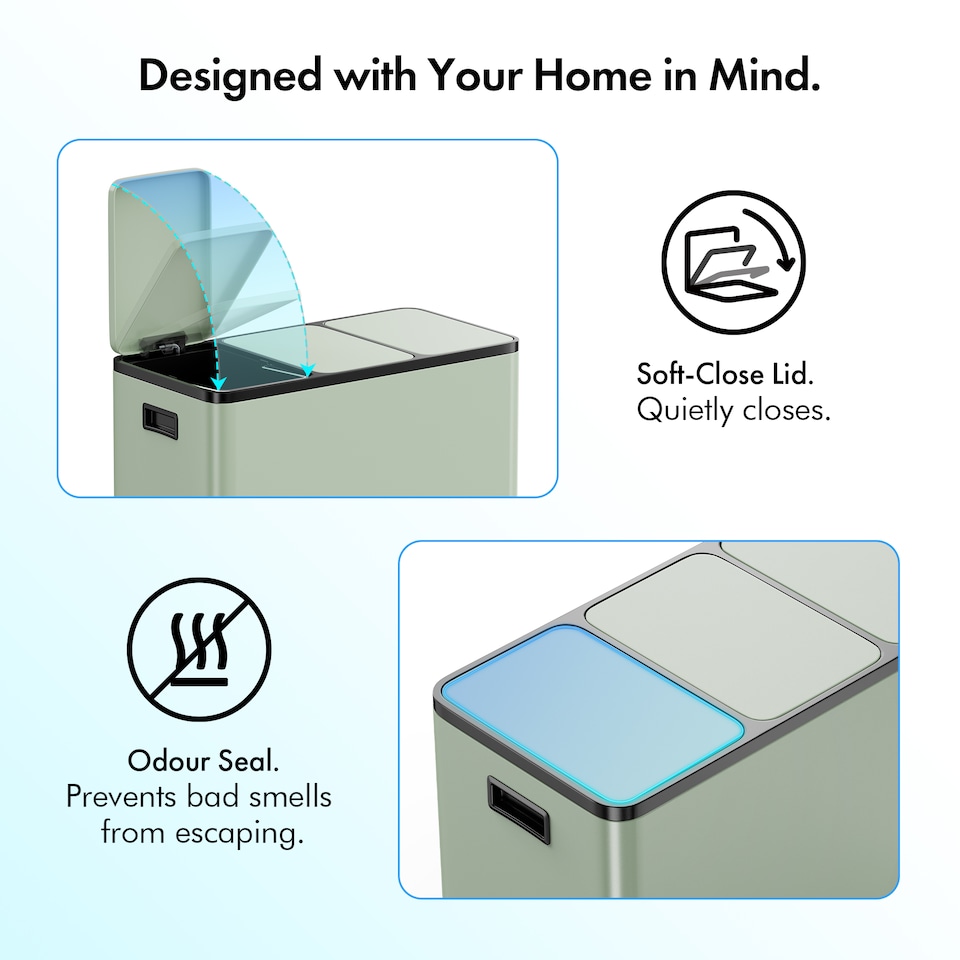 image 1 of 3 Compartment 45L Waste & Recycling Kitchen Bin (3 x 15L) | Green | Sage Green | 45L