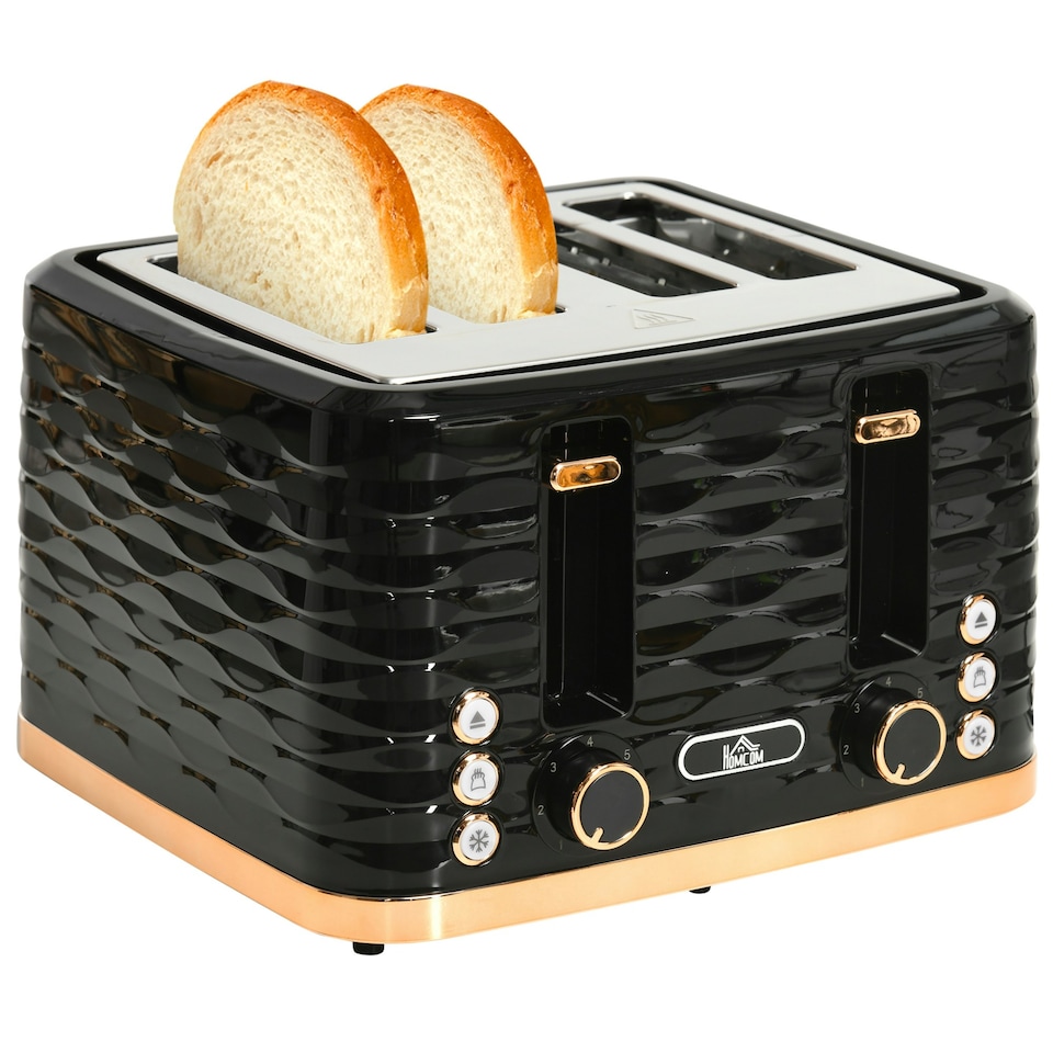 image 1 of HOMCOM Toaster with 4 Slot, 7 Browning Levels, 1600W, Black Ripple Black | Rose gold accents | 29.2 x 27.5 x 18.9 cm